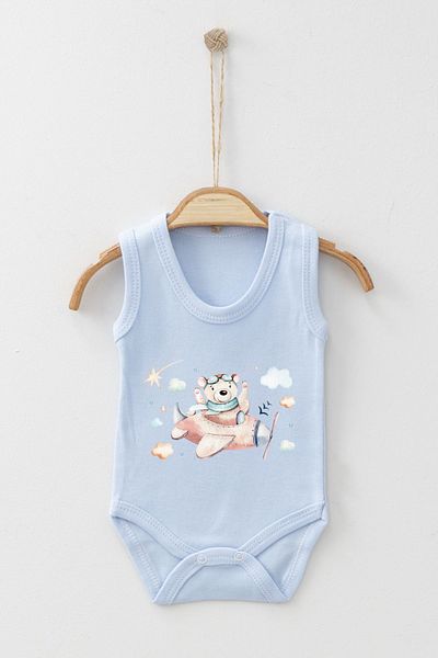 ADABEBEK Pilot Teddy Bear Printed Body Suit with Straps and Snap Fasteners in Clouds