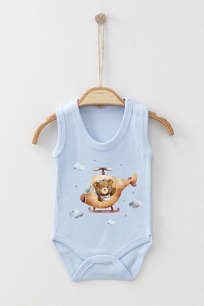 ADABEBEK Flying in the Clouds Helicopter Detailed Cute Teddy Bear Printed Strap Snap-On Bodysuit