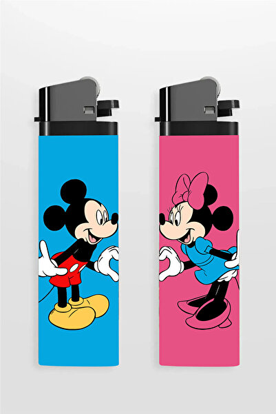 HobiShop Çakmak 2'li Mickey Mouse and Minnie Sevgililer Baskılı Klasik Gazlı Çakmak