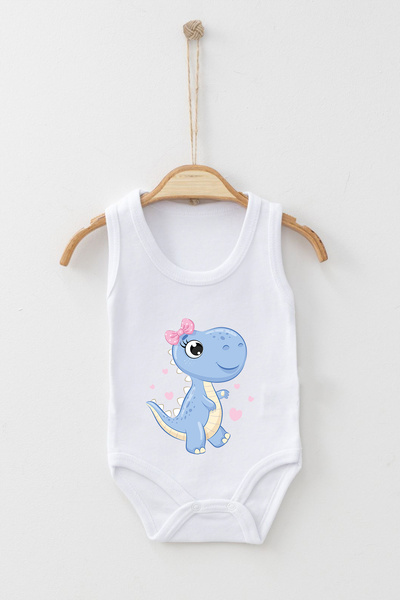 ADABEBEK Heart Detailed Ribbon Baby Dinosaur Printed Strap Snap Bodysuit