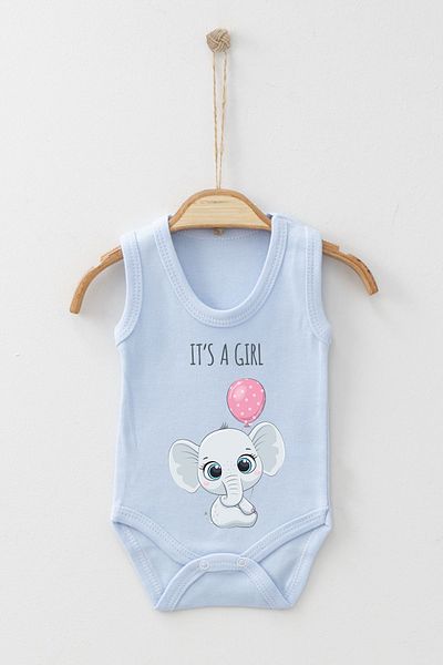ADABEBEK It's a Girl Written Pink Balloon Baby Elephant Printed Strap Snap-On Bodysuit