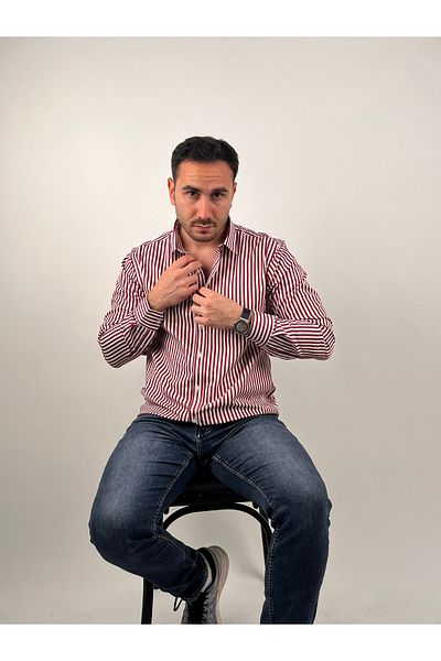 Mad&Calf Ανδρικό ριγέ πουκάμισο με μακρυμάνικο πέτο με λεπτή εφαρμογή