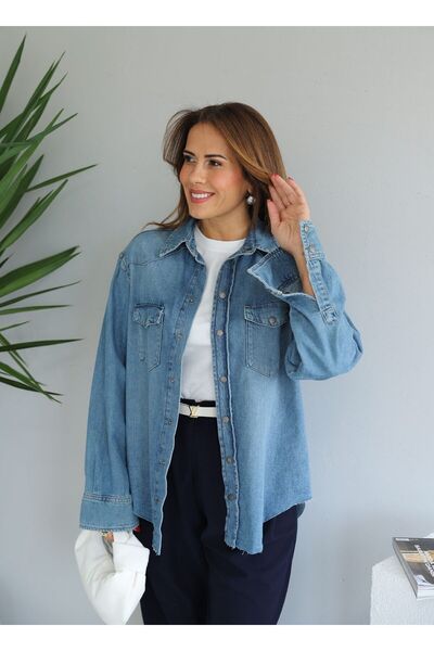 Purple by Banu СИНЯ ДЖИНСОВА СОРОЧКА З ЛАЗЕРНИМ РОЗРІЗОМ