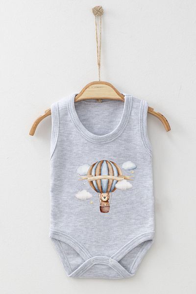 ADABEBEK Cloud Detailed Teddy Bear Walking with Balloon Printed Strap Snap-On Bodysuit
