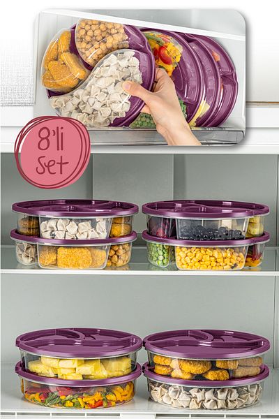 Vienev 1-2 Liter Purple 8-Piece 3-Compartment Round Storage Container