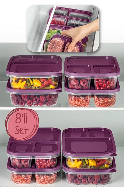Vienev 1.15 Liter Purple 8-Piece 3-Compartment Rectangular Storage Container