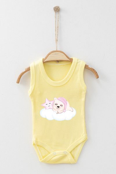 ADABEBEK Pink Little Teddy Bear Sleeping in the Clouds and Star Printed Strap Snap Bodysuit