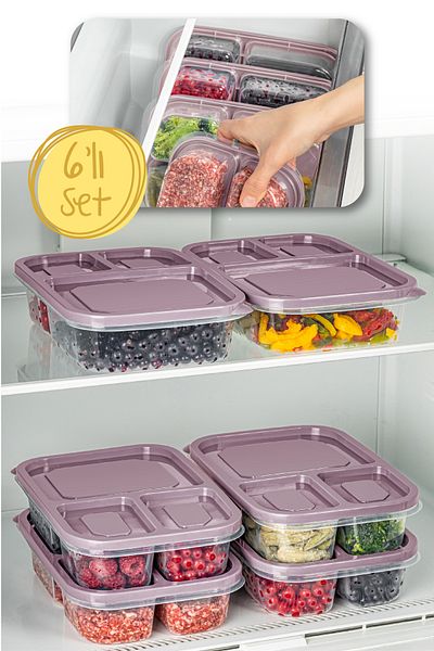 Vienev 1.15 Liter Pink 6-Piece 3-Compartment Rectangular Storage Container