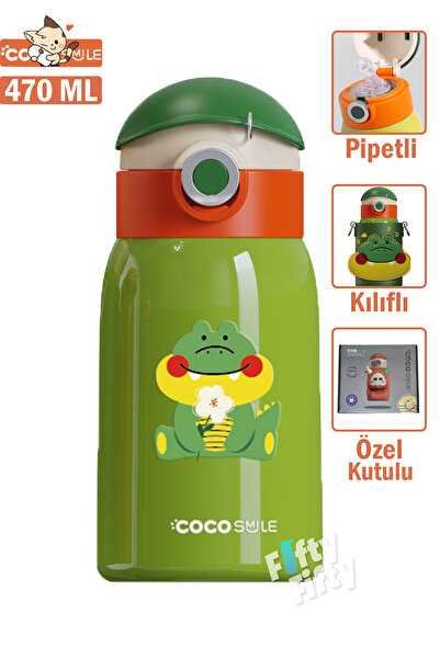 Vagonlife ترمس فولاذي Cocosmile مع علبة خاصة 470 مل مع قش - معلق على الرقبة -...