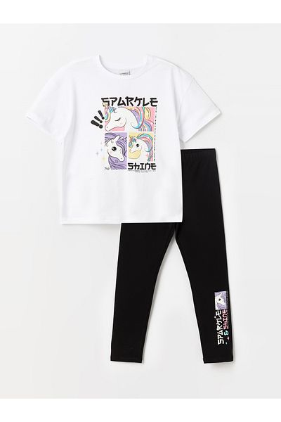 LC Waikiki Crew Neck Printed Short Sleeve Girls' T-Shirt and Tights