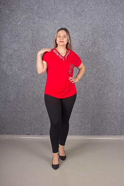 Truva XXL Plus Size Collar and Pocket Detail Stone Embroidered Blouse Colorful B083