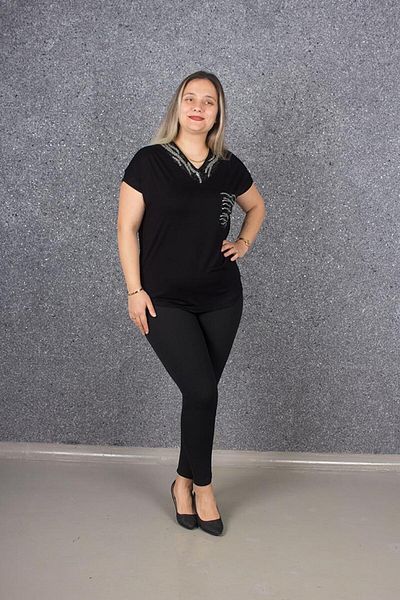 Truva XXL Plus Size Collar and Pocket Detail Stone Embroidered Blouse Colorful B083
