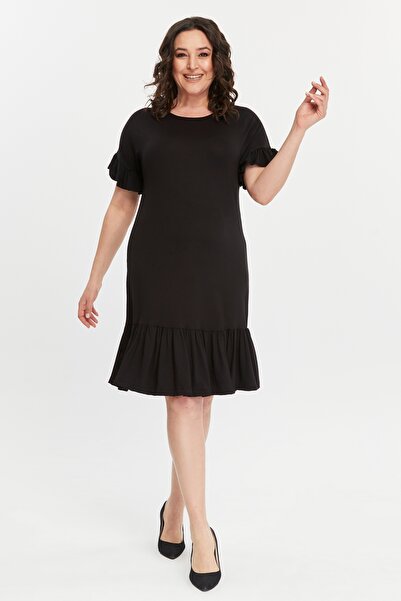 Curvy Trend Büyük Beden Kolucu Eteği Fırfır Viskon Elbise