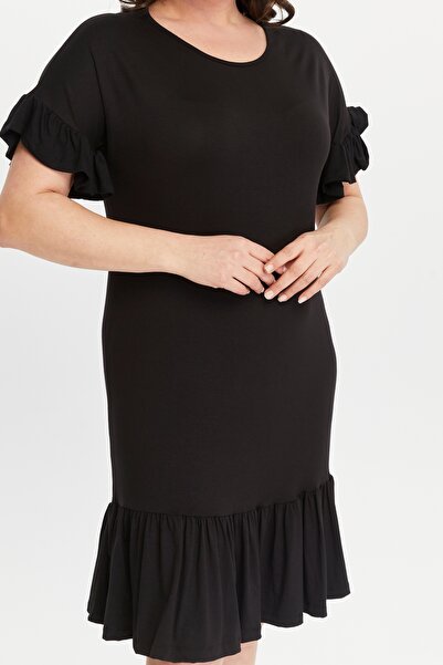 Curvy Trend Büyük Beden Kolucu Eteği Fırfır Viskon Elbise