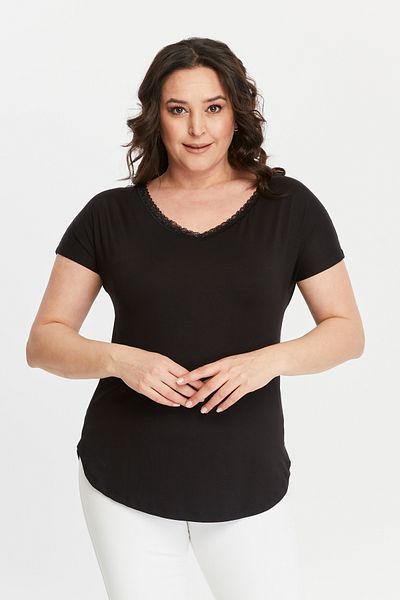 Curvy Trend Large Size Lace Detailed Wide V-Neck Short Sleeve Oval Slit Blouse