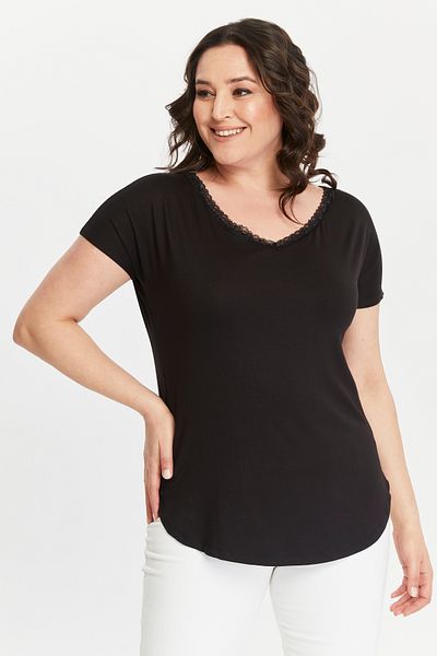 Curvy Trend Large Size Lace Detailed Wide V-Neck Short Sleeve Oval Slit Blouse