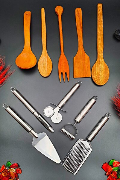 SWENCRAFT Ahşap Kepçe Kaşık 5 Li Servis Seti&5 Li Metal Rende Soyacak Oyacak ...