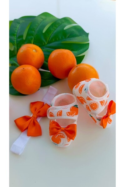 Bilge Trend Orange Patterned Baby Girl Booties and Bandana Set - Bow Detail