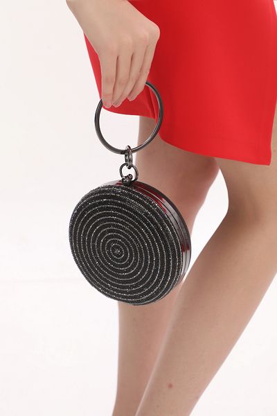 womenacs Culoare Neagră Circulară Piatră Brodat Design Brățară Inel Rochie De Seară Portofoliu Poșetă