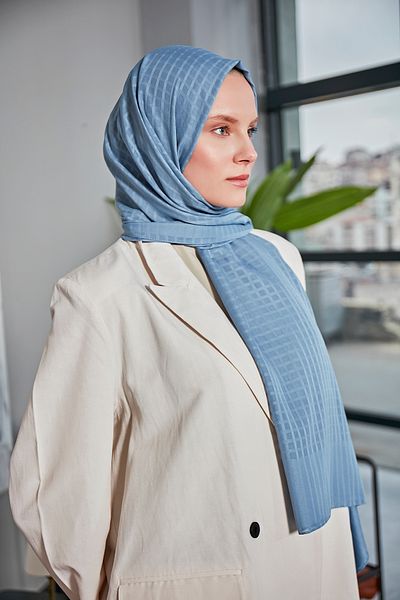 Scarf Şal din şifon mini pătrat jacquard - albastru denim -