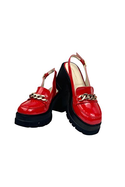 bescobel Women's Hutyam Red Patent Leather Open Back Leopard Shoes Chain Buckle 10 cm 650