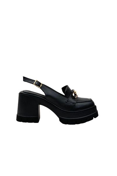 bescobel Dámské boty Hutyam Black Open Back Leofer s řetízkovou přezkou 10 cm 650