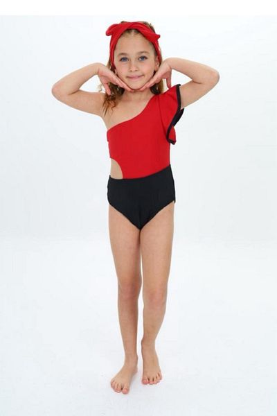PODİUM GİYİM New Season Cutout Low-cut Model Single Shoulder Frilly Bandana Girl's Swimsuit - Swimsuit