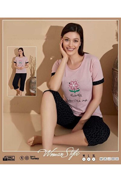 pijamakeyfi Kadın Kısa Kol Kapri Sıfır Yaka Pijama Takımı
