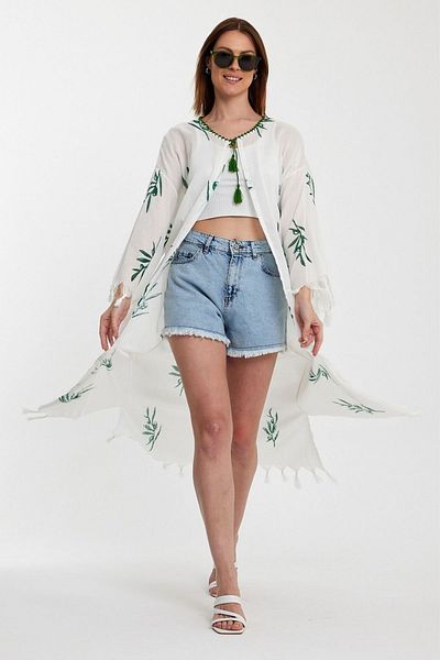 Eceyaman moda Women's white white green print leaf pattern large size kaftan kimono