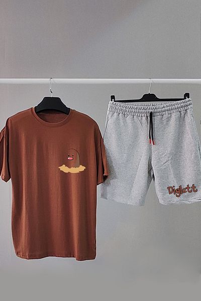 Vordevia Μπλουζάκι Diglett Pokemon με στάμπα καφέ γκρι Oversize - Κοντό Σετ