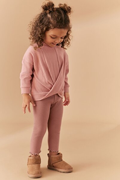 Next Baby Pink Ribbed Cotton Long Sleeve Sweat Tights Set