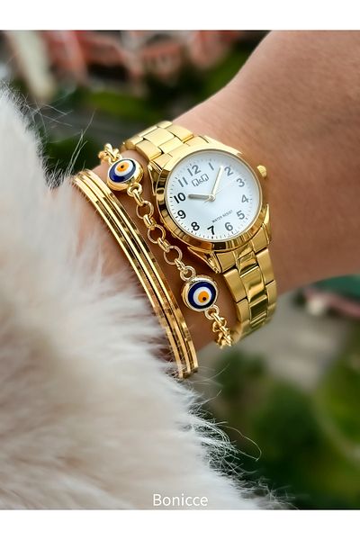 Q&Q Brand Steel Strap, Gold Color, Thin Case, Women's Wristwatch+Bracelet