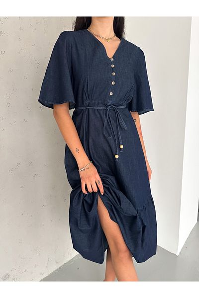 efstyle front buttoned elastic waist flounced sleeve denim dress