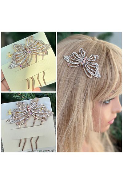QUEEN AKSESUAR luxury metal crystal stoned butterfly scalloped side buckle invitation bridal henna engagement head hair accessory gold
