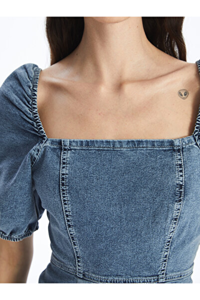 LC Waikiki Dámské džínové šaty s čtvercovým límcem s rovným krátkým rukávem