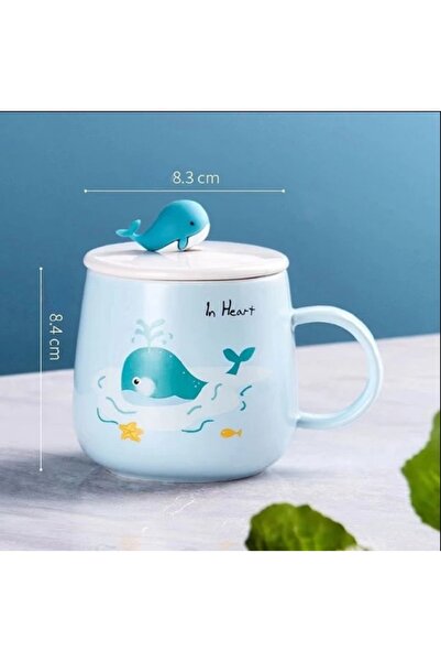 hediyeconcepti 400ml Sevimli Seramik Karikatür Balina Kapaklı Kaşıklı Kupa Ba...