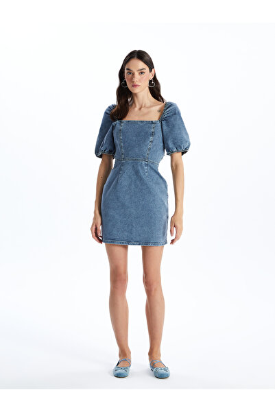 LC Waikiki Dámské džínové šaty s čtvercovým límcem s rovným krátkým rukávem