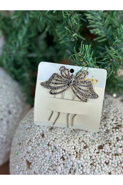 QUEEN AKSESUAR luxury crystal stoned metal butterfly scalloped side buckle bridal henna engagement head hair accessory silver black