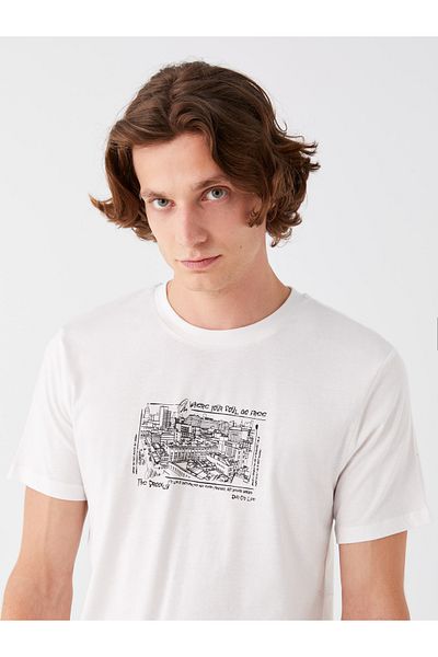 LC Waikiki T-shirt męski z czesanej bawełny z nadrukiem – okrągły dekolt, krótki rękaw