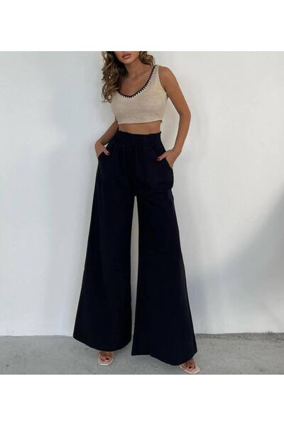 Genel Markalar İspanyol Paça Beli Lastikli Gabardin Kumaş Kadın Pantolon