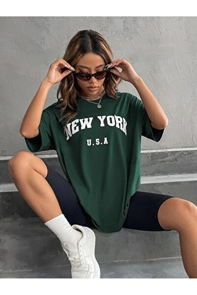 over head oh Ženska Naphtha zelena New York USA Štampano Oversize T-shirt