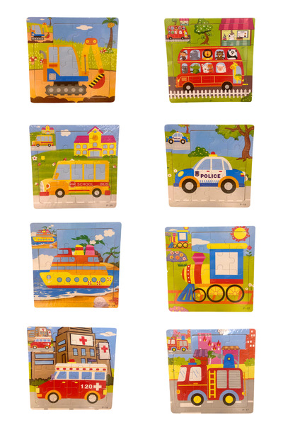MASEN TOYS Ahşap Puzzle Mega Set 8 Adet Taşıtlar Yapboz 15x15 Cm 15 Parça Eği...