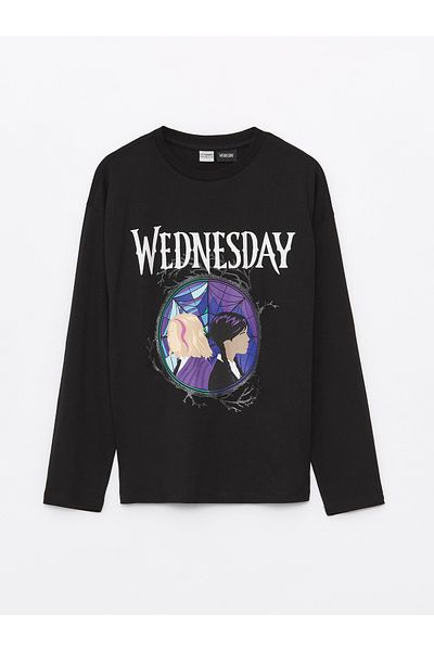 LC Waikiki Crew Neck Wednesday Printed Long Sleeve Girl's T-Shirt