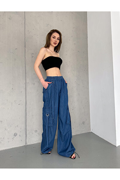 efstyle BELİ LASTİKLİ KORDON VE D TOKA DETAYLI CEPLİ KARGO DENİM PANTOLON
