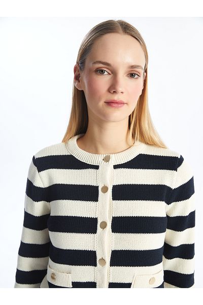 LC Waikiki Striped Crew Neck Long Sleeve Women's Knitwear Cardigan