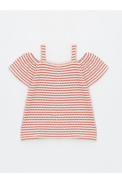 LC Waikiki Boat Neck Patterned Off-the-Shoulder Girl's T-Shirt