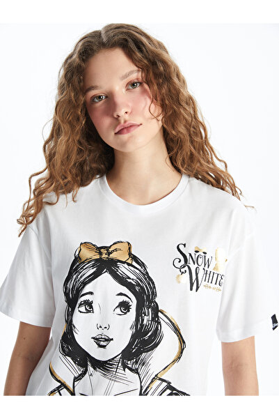 LC Waikiki Damski T-shirt z krótkim rękawem, bawełniany, z okrągłym dekoltem i nadrukiem w kształcie księżniczki