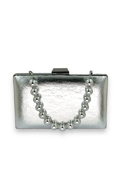 Biçanta Silver Gray Lame Pearl Handle Wrinkled Patent Leather Evening Dress Night Wedding Engagement Henna Bag