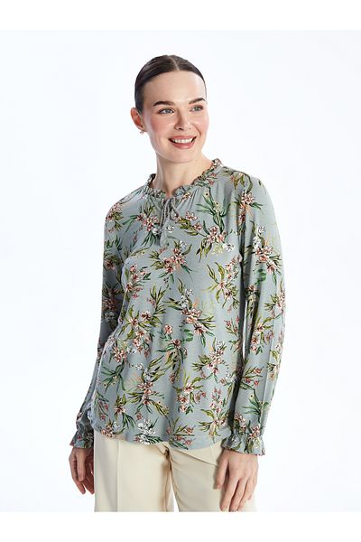 LC Waikiki Patterned Long Sleeve - Tie-Up Collar Women's Blouse