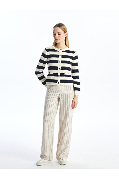 LC Waikiki Dámský pletený kardigan s proužkovaným výstřihem a dlouhým rukávem